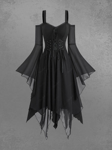 Gothic Halloween Cold Shoulder Flare Sleeves Lace Up Solid Handkerchief Asymmetric Layered Chiffon Dress(3 Days Delivery)