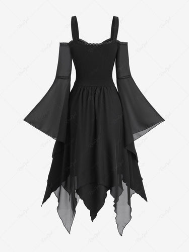 Gothic Halloween Cold Shoulder Flare Sleeves Lace Up Solid Handkerchief Asymmetric Layered Chiffon Dress(3 Days Delivery)
