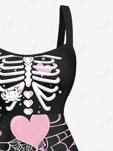 Gothic Halloween Costumes Plus Size Skeleton Spider Web Heart Print A Line Tank Dress