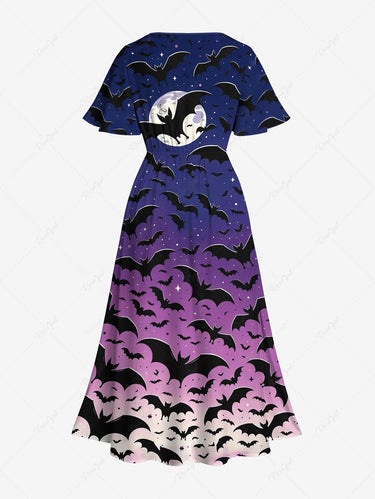 Gothic Plus Size Bat Moon Ombre Galaxy Print Split Pocket A Line Midi Dress