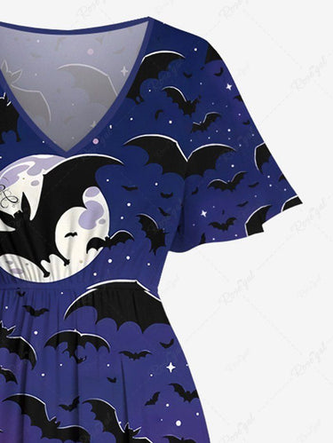 Gothic Plus Size Bat Moon Ombre Galaxy Print Split Pocket A Line Midi Dress