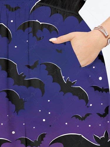 Gothic Plus Size Bat Moon Ombre Galaxy Print Split Pocket A Line Midi Dress