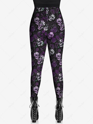 Gothic Plus Size Skulls Rose Flower Print Skinny Leggings