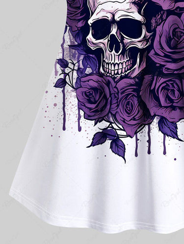 Gothic Plus Size Paint Drop Rose Flower Skull Print Cami Top(Adjustable Shoulder Strap)