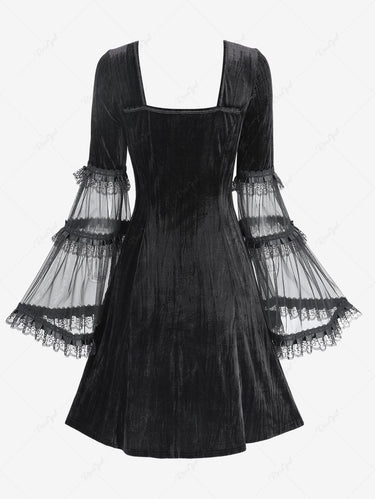 Gothic Lace Flare Sleeves Crinkle Velvet A Line Patchwork Dress