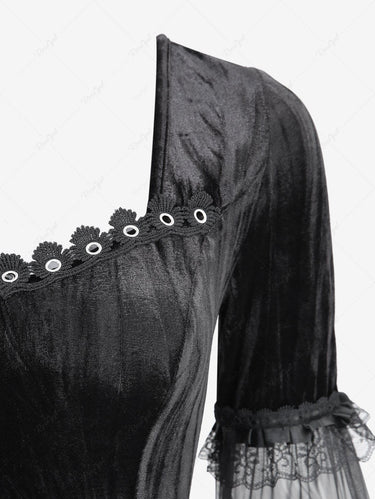 Gothic Lace Flare Sleeves Crinkle Velvet A Line Patchwork Dress