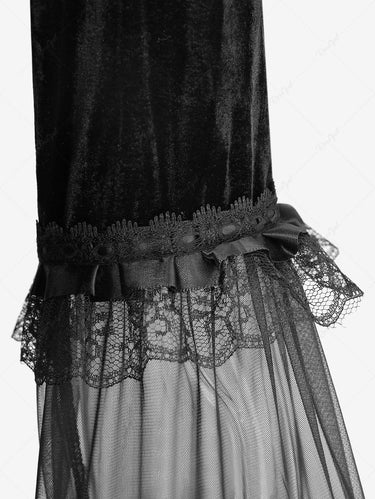 Gothic Lace Flare Sleeves Crinkle Velvet A Line Patchwork Dress