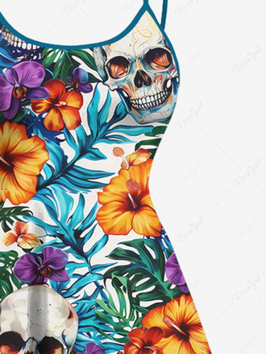 Gothic Plus Size Skull Floral Tropical Leaves Print Hawaii High Low Asymmetric Cami Dress