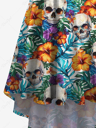 Gothic Plus Size Skull Floral Tropical Leaves Print Hawaii High Low Asymmetric Cami Dress