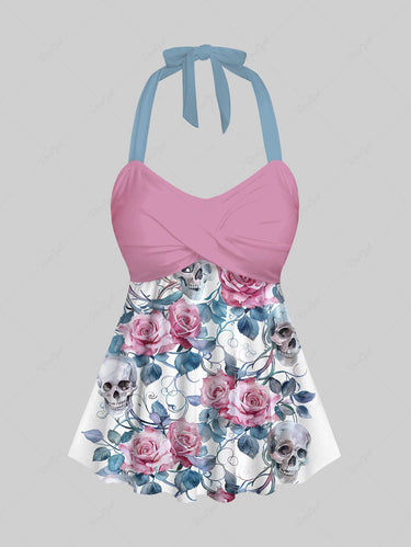 Gothic Plus Size Skull Rose Flower Leaf Print Twist Halter Backless Cinched Boyleg Tankini Swimsuit