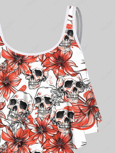 Gothic Plus Size Skull Floral Print Peplum Hem Backless Tankini Swimsuit (Adjustable Shoulder Strap)