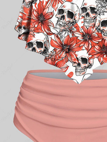 Gothic Plus Size Skull Floral Print Peplum Hem Backless Tankini Swimsuit (Adjustable Shoulder Strap)