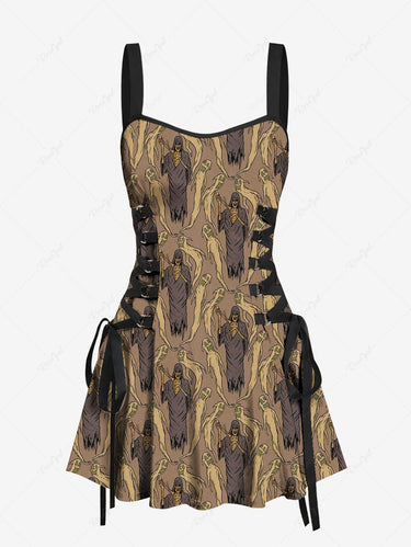 Gothic Skull Wizard Ghost Print Lace Up A Line Tank Dress