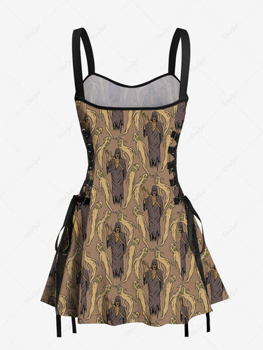 Gothic Skull Wizard Ghost Print Lace Up A Line Tank Dress