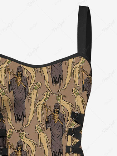 Gothic Skull Wizard Ghost Print Lace Up A Line Tank Dress