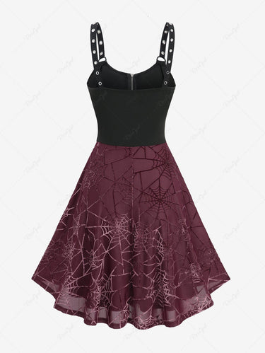 Gothic Halloween Spider Web Flocking Lace Up Skull Zipper Backless A Line Tank Dress(3 Days Delivery)