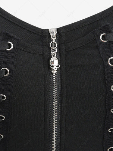 Gothic Halloween Spider Web Flocking Lace Up Skull Zipper Backless A Line Tank Dress(3 Days Delivery)