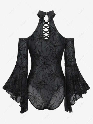 Gothic Halloween Flare Sleeve Cold Shoulder Mesh Flocking Spider Web Lace Up O-Ring Lingerie Bodysuit