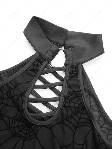 Gothic Halloween Flare Sleeve Cold Shoulder Mesh Flocking Spider Web Lace Up O-Ring Lingerie Bodysuit