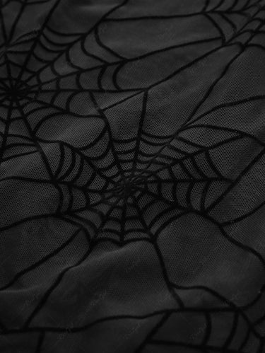 Gothic Halloween Flare Sleeve Cold Shoulder Mesh Flocking Spider Web Lace Up O-Ring Lingerie Bodysuit
