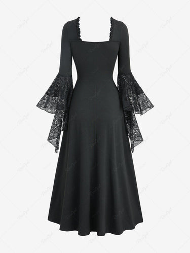 Gothic Skull Lace Overlay Lace-up Layered Flare Sleeve A Line Maxi Dress
