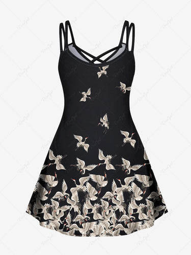 Gothic Plus Size Chinese Element Crane Print Crisscross A Line Cami Dress