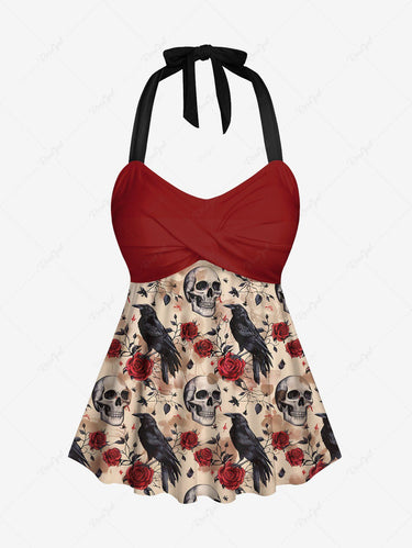 Gothic Plus Size Distressed Skull Crow Rose Flower Leaf Print Twist Halter Backless Cinched Boyleg Tankini Swimsuit