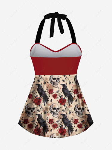 Gothic Plus Size Distressed Skull Crow Rose Flower Leaf Print Twist Halter Backless Cinched Boyleg Tankini Swimsuit