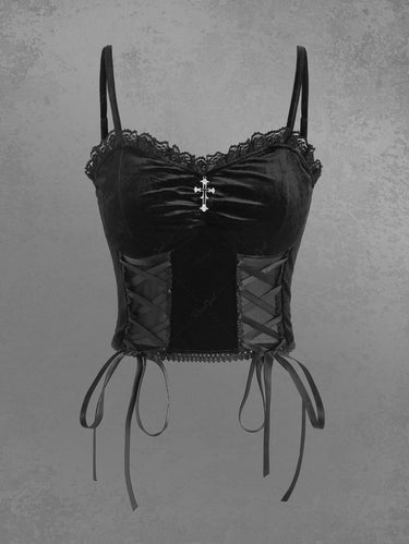 Gothic Plus Size Lace-up Lace Trim Ruched Cross Velvet Corset