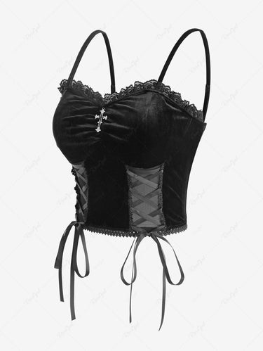Gothic Plus Size Lace-up Lace Trim Ruched Cross Velvet Corset