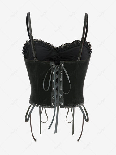 Gothic Plus Size Lace-up Lace Trim Ruched Cross Velvet Corset