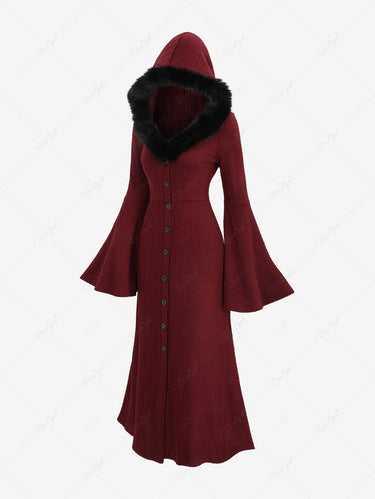 Gothic Christmas Flare Sleeves Full Buttons Cable Knit Solid Fur Trim Hooded Longline Coat(3 Days Delivery)