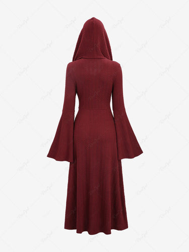 Gothic Christmas Flare Sleeves Full Buttons Cable Knit Solid Fur Trim Hooded Longline Coat(3 Days Delivery)