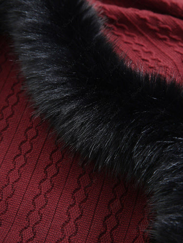 Gothic Christmas Flare Sleeves Full Buttons Cable Knit Solid Fur Trim Hooded Longline Coat(3 Days Delivery)