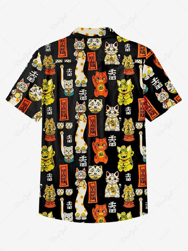Gothic Plus Size 100% Cotton Lucky Cat Word Print Button Shirt For Men