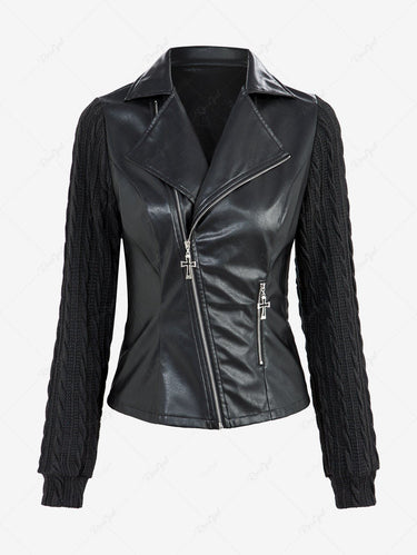 Gothic Turn-down Collar Cable Knit Sleeves Cross Zipper Pocket PU Panel Patchwork Jacket