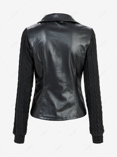 Gothic Turn-down Collar Cable Knit Sleeves Cross Zipper Pocket PU Panel Patchwork Jacket