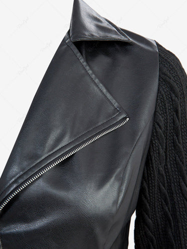 Gothic Turn-down Collar Cable Knit Sleeves Cross Zipper Pocket PU Panel Patchwork Jacket