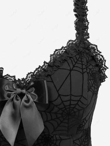Gothic Halloween Plus Size Spider Web Flocking Applique Lace Trim Bowknot Lace-up Back Corset