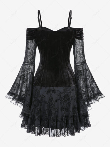 Gothic Flare Sleeve Cold Shoulder Floral Lace Mesh Flocking Velvet Patchwork Ruched A Line Cami Dress(3 Days Delivery)