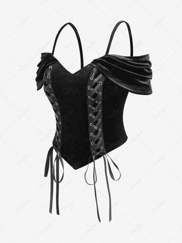 Gothic Grommets Lace Up Ruched Cold Shoulder Velvet Corset