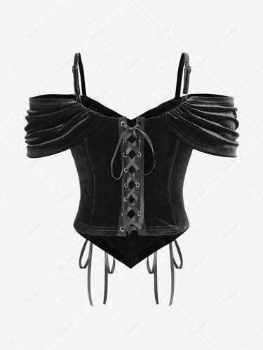 Gothic Grommets Lace Up Ruched Cold Shoulder Velvet Corset