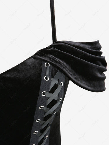 Gothic Grommets Lace Up Ruched Cold Shoulder Velvet Corset