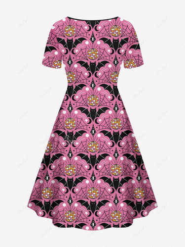 Gothic Plus Size Spider Web Moon Star Bat Light Ball Print Halloween Costume Cinched A Line Dress