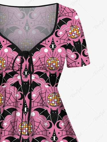 Gothic Plus Size Spider Web Moon Star Bat Light Ball Print Halloween Costume Cinched A Line Dress