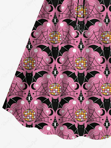 Gothic Plus Size Spider Web Moon Star Bat Light Ball Print Halloween Costume Cinched A Line Dress