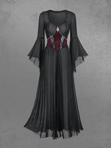 Gothic Flare Sleeve Spider Web Beading Chain Lace Sheer Mesh See Through A Line Dress Black / XL Gothic Flare Sleeve Spider Web Beading Chain Lace Sheer Mesh See Through A Line Dress Black / XL