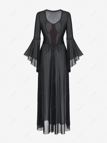 Gothic Flare Sleeve Spider Web Beading Chain Lace Sheer Mesh See Through A Line Dress