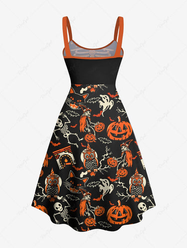 Gothic Plus Size Pumpkin Bat Skeleton Ghost Owl Cat Print Halloween Costume A Line Tank Dress