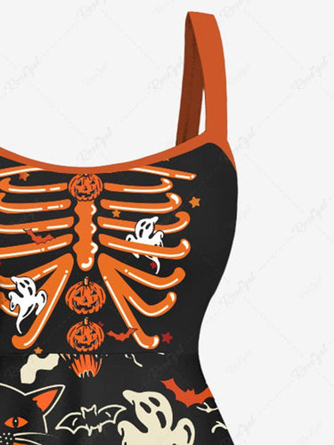 Gothic Plus Size Pumpkin Bat Skeleton Ghost Owl Cat Print Halloween Costume A Line Tank Dress